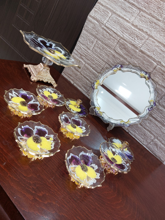 هفت سین رزینی طرح گل بنفشه با پایه برنجی